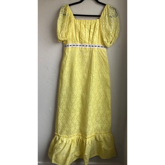 VTG 1960's-70's Sz.Small/XS handmade Empire waist lace maxi dress Yellow Puff sl - Picture 2 of 11